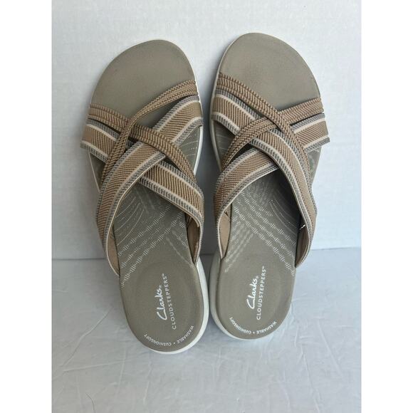 Clarks Cloudsteppers Mira Isle Tan/White Canvas Strap Flip Flop Slide Sandal 7.5 - Picture 5 of 11
